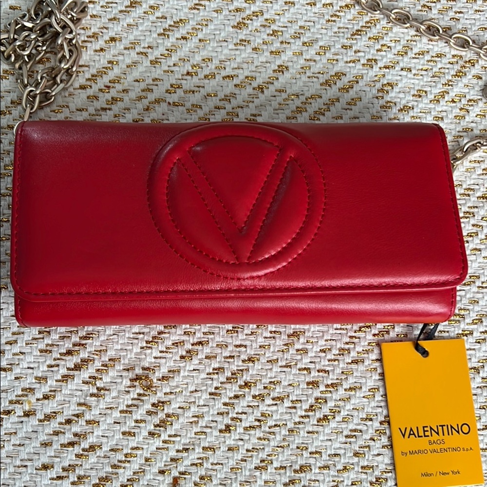 Valentino by Mario Red Leather Clutch with chain